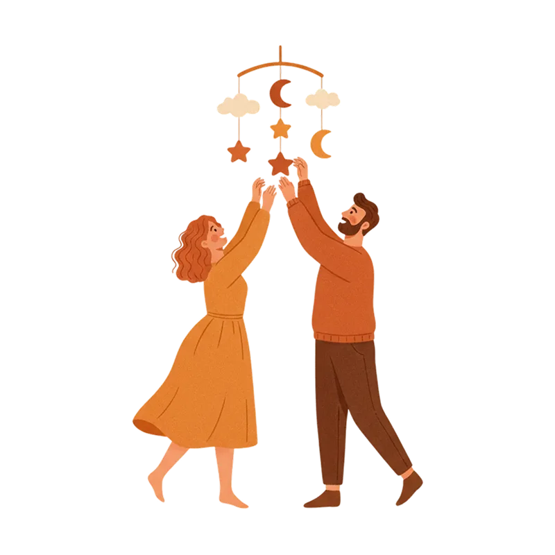 Editorial illustration of a couple playfully hanging a star and moon mobile for their nursery.
